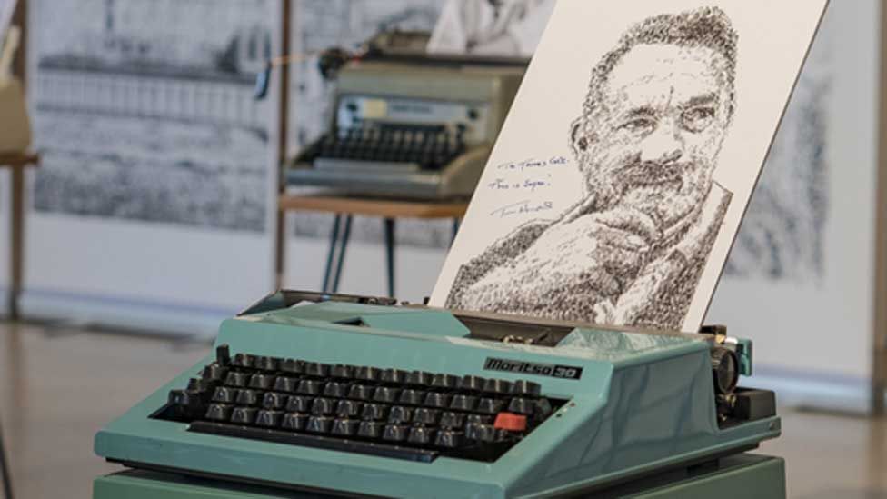 Typewriter art portrait of Tom Hanks