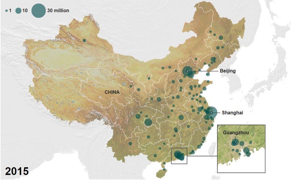 Map of China's urbanisation in 2015