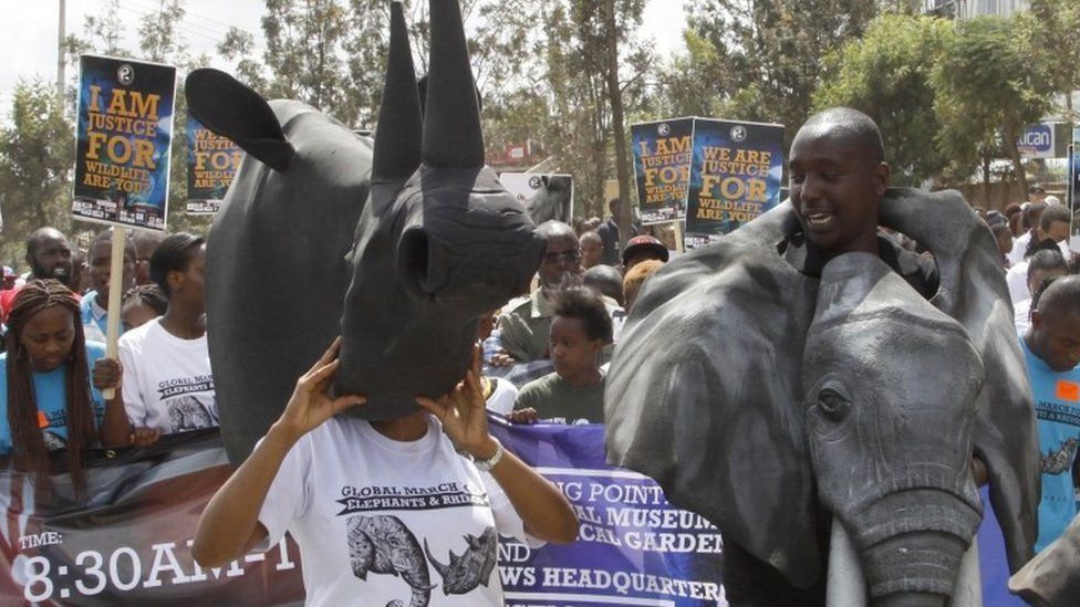 Kenyans wearing animal masks join demonstrators as they walk through the streets of Nairobi, 3 October 2015