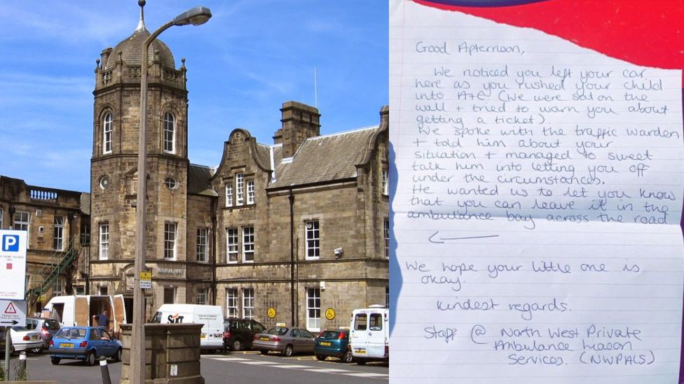 Royal Lancaster Infirmary (left) and the note (right)