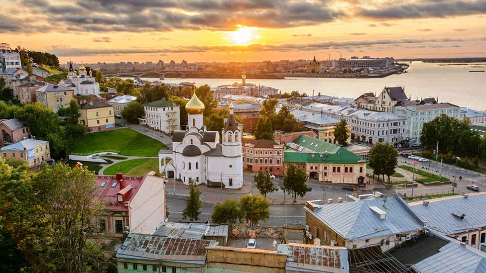 The stadium in Nizhny Novgorod sits just above the point where rivers Volga and Oka meet