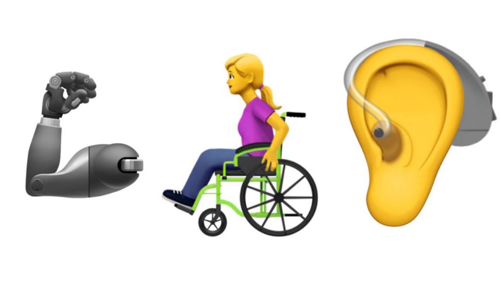 A prosthetic arm, a wheelchair user, a ear with a hearing aid emojis
