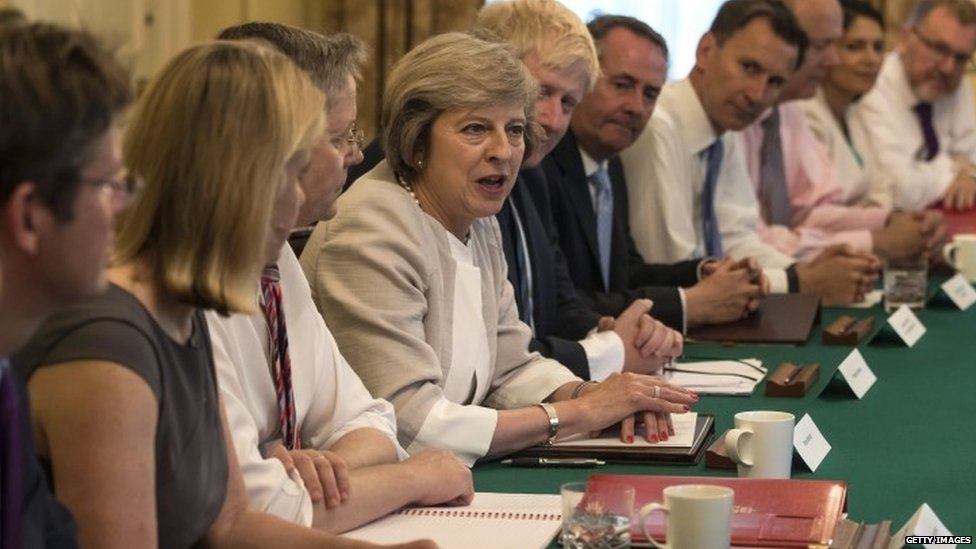 Theresa May chairing her first cabinet meeting