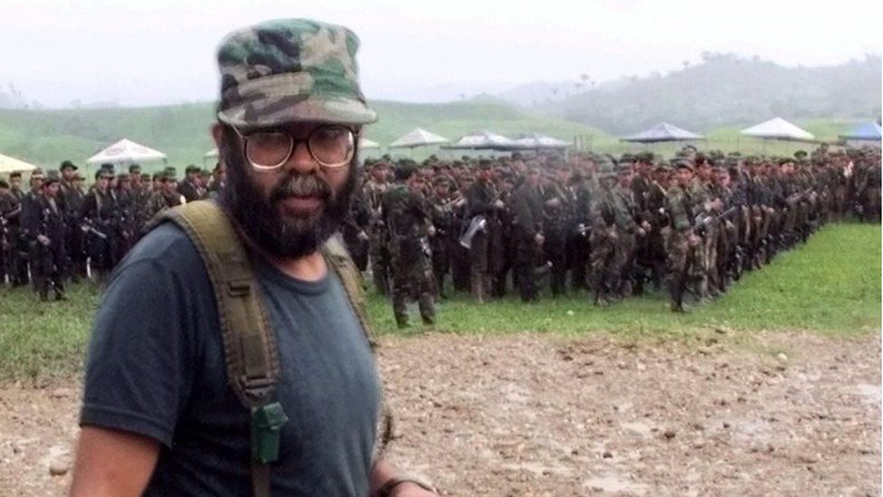 Alfonso Cano, a Revolutionary Armed Forces of Colombia (FARC) commander attends a practice ceremony for the political party opening outside of San Vicente del Caguan in the FARC controlled zone of Colombia on Friday, April 28, 2000