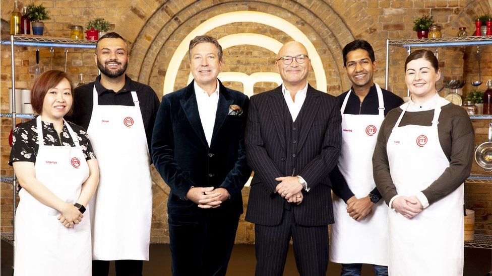 Terri Fearon with the MasterChef presenters and her fellow finalists
