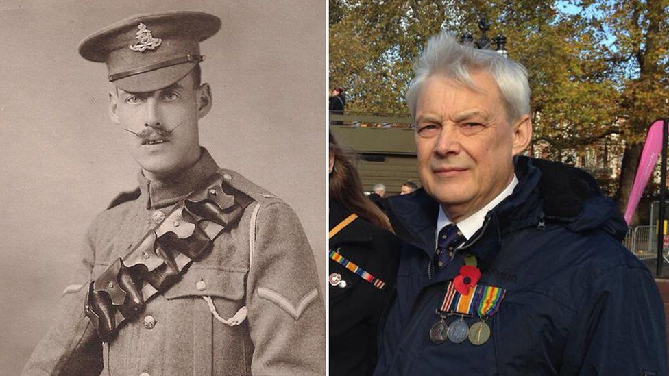 Robert Malin, whose job it was to carry away the wounded on stretchers, and his grandson Jeremy Cripps wearing his medal at the procession