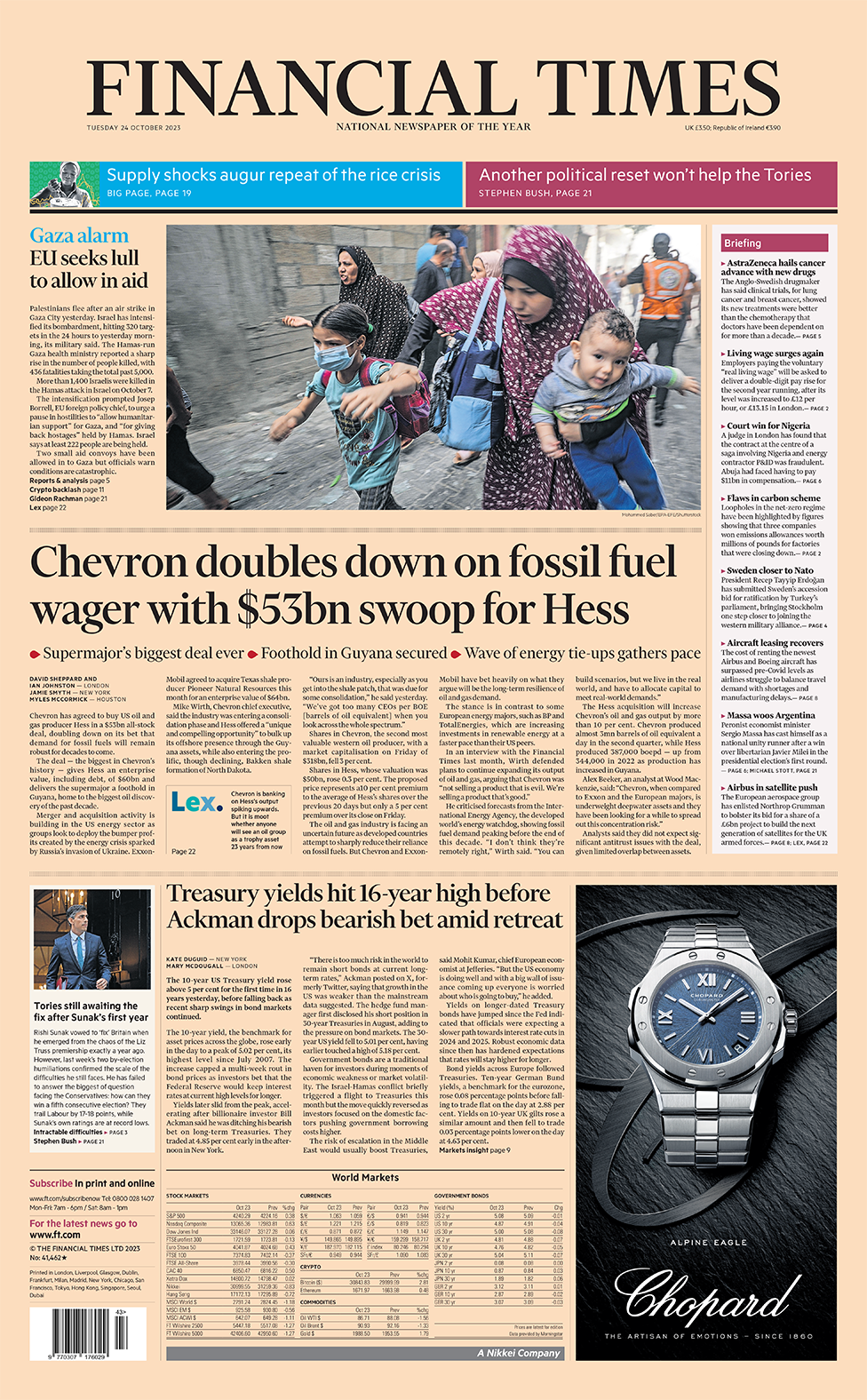 Titulli në Financial Times thotë: "Chevron dyfishon bastet e karburanteve fosile me 53 miliardë dollarë për Hess"