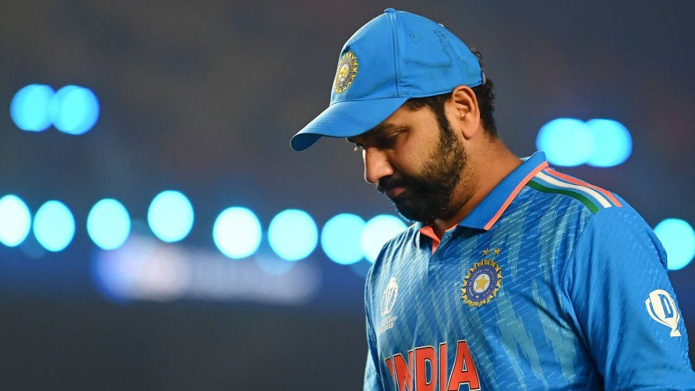 Rohit Sharma of India cuts a dejected figures following the ICC Men's Cricket World Cup India 2023 Final between India and Australia at Narendra Modi Stadium on November 19, 2023 in Ahmedabad, India.