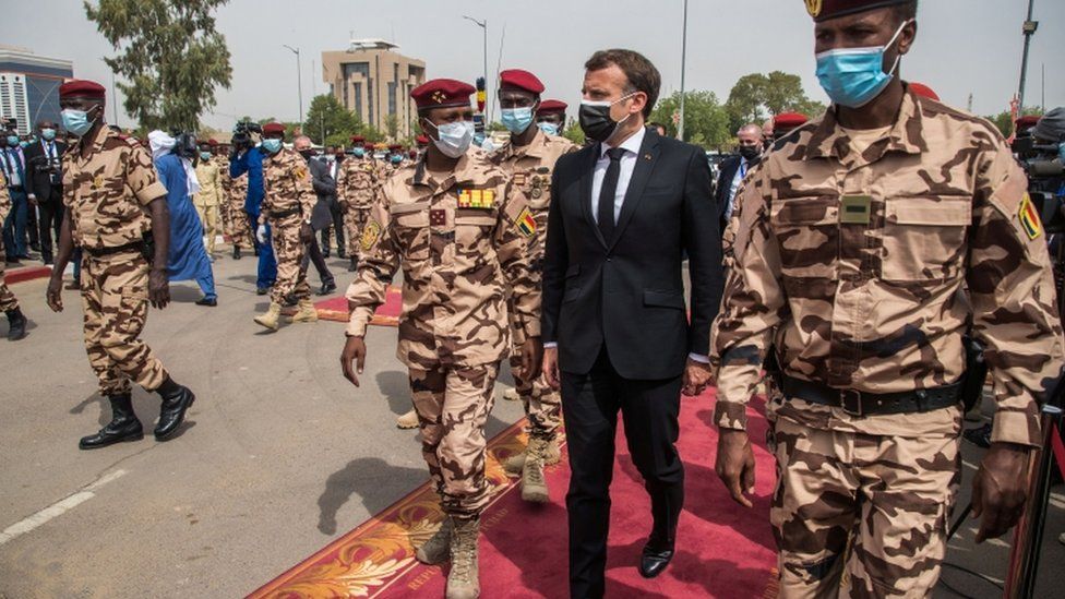 French President Emmanuel Macron and Mahamat Idriss Déby, son of late Chadian President Idriss Déby, attend his state funeral