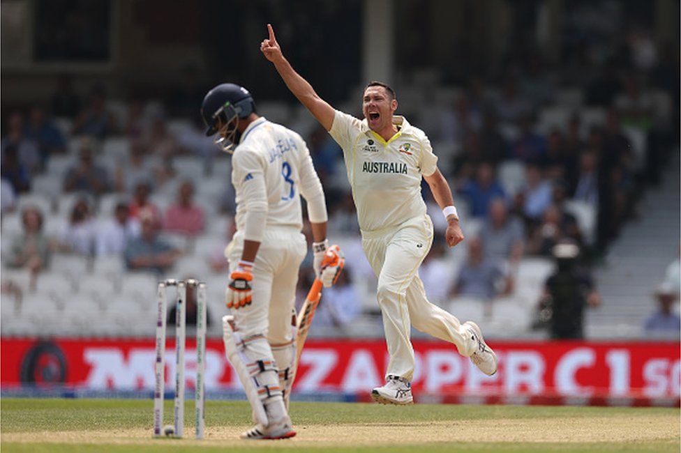 cott Bolland of Australia celebrates after taking the wicket of Ravindra Jadeja of India during day five of the ICC World Test Championship Final between Australia and India at The Oval on June 11, 2023 in London, England.