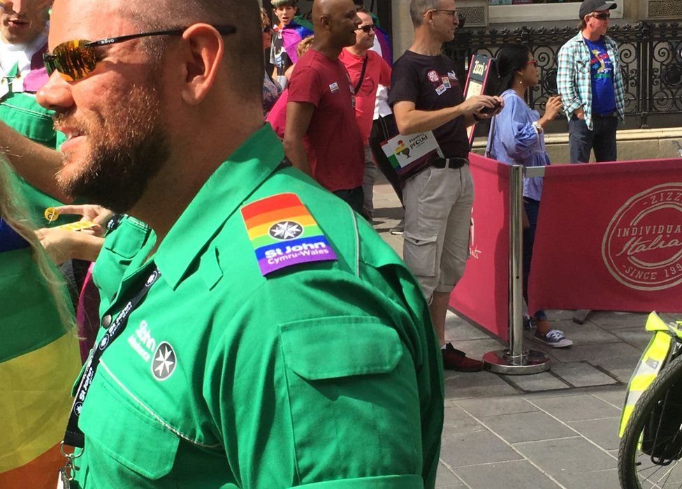 St John Ambulance staff wearing Pride insignia