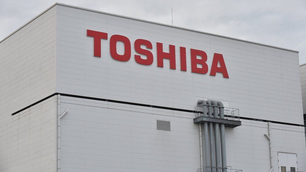 The logo of Toshiba is displayed at a Toshiba Memory Corporation's Yokkaichi plant in Yokkaichi, Mie prefecture on October 13, 2017.