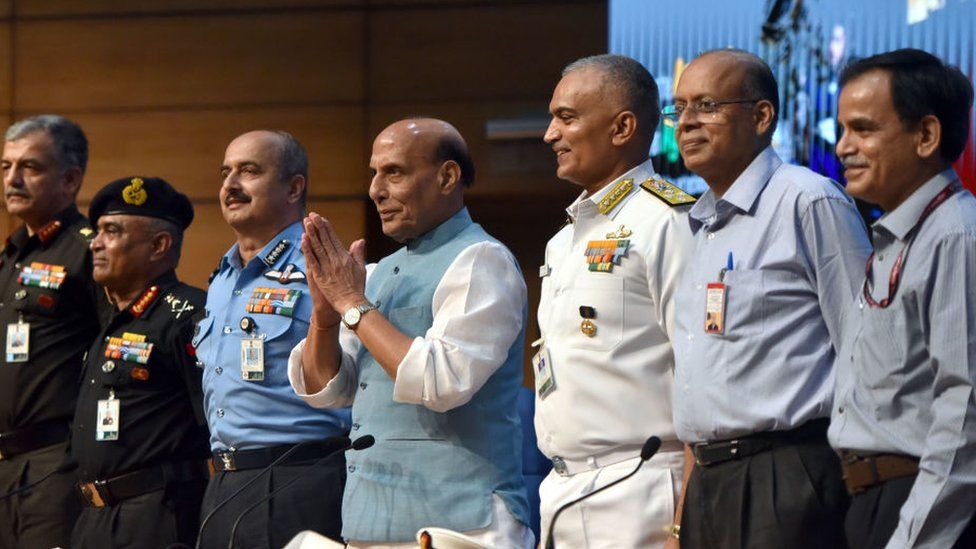 Minister of Defence of India Rajnath Singh, Indian air force Chief Air Chief Marshal Vivek Ram Chaudhari, Indian Army Chief General Manoj Pande, Indian navy chief Admiral R. Hari Kumar, defence secretary of India Ajay Kumar, address a Press Conference announcing Agnipath Scheme at National Media Centre on June 14, 2022 in New Delhi, India.