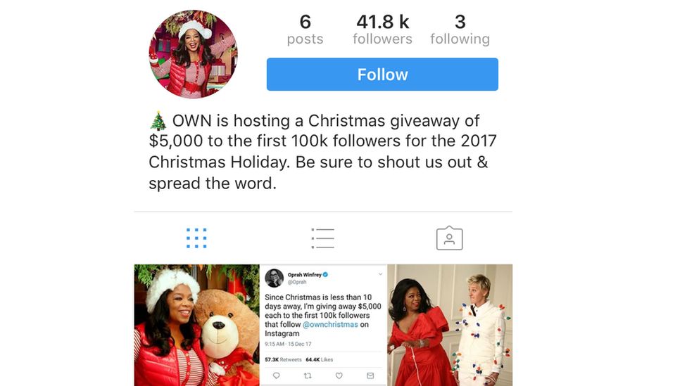 A fake Oprah Winfrey Instagram account