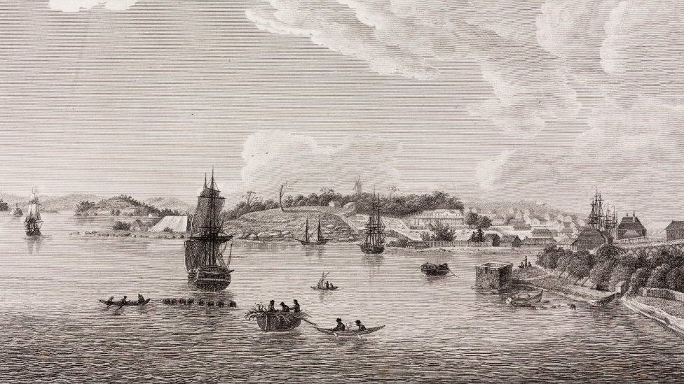 A drawing from 1802 showing Sydney and the entrance to Port Jackson