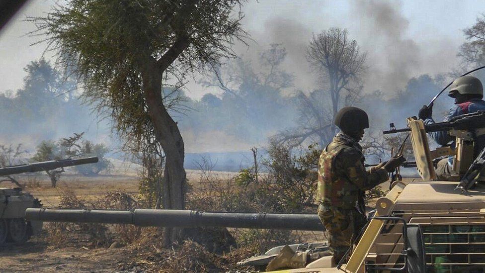An insurgents' camp being destroyed by Nigerian military in the Sambisa Forest, Borno state