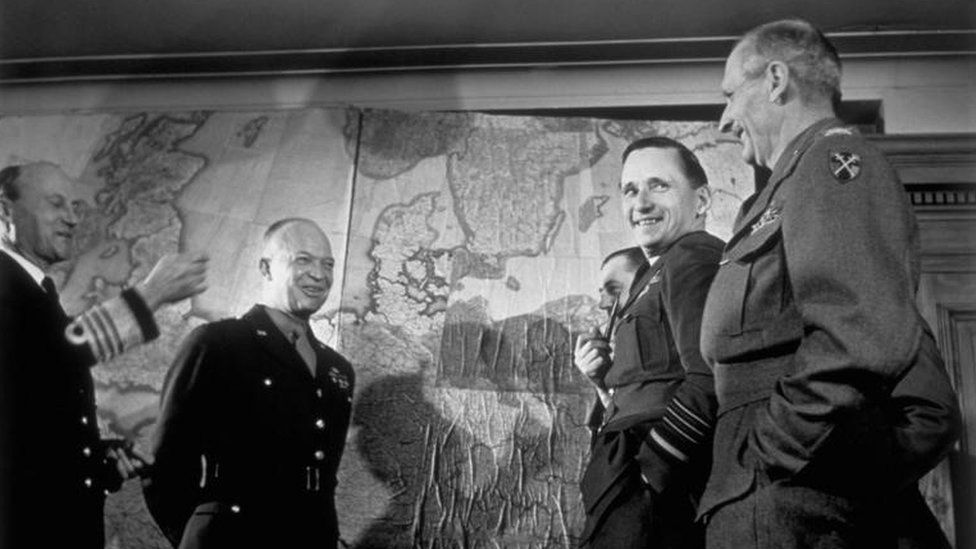 Left to right: Admiral Sir Bertram Ramsay, General Dwight D Eisenhower, Air Marshal Tedder and Field Marshal Montgomery