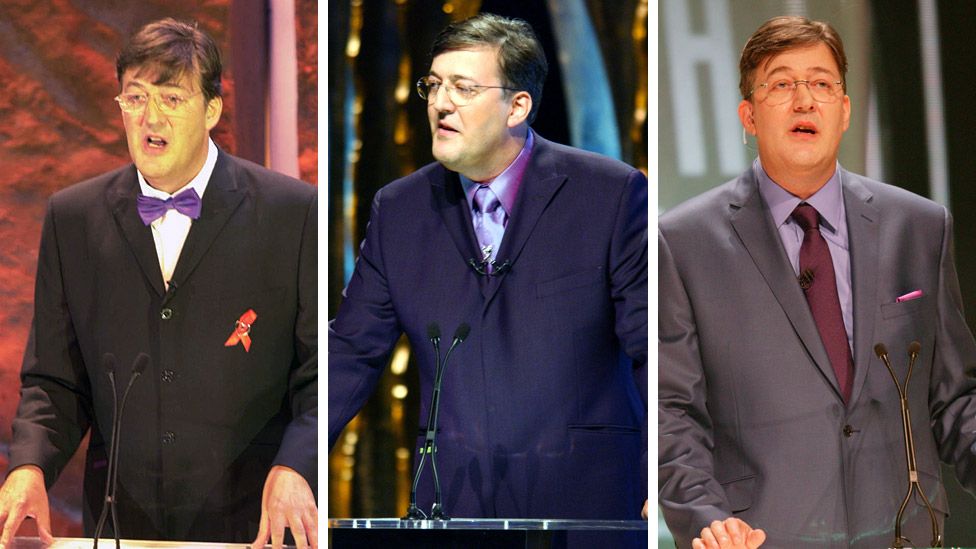 Stephen Fry hosting the Baftas in (left-right) 2002, 2003 and 2005