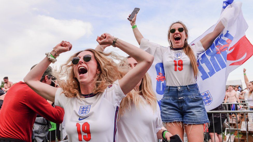 Supporters were jubilant after the second England goal at the 4TheFans Fan Park at Event City in Manchester