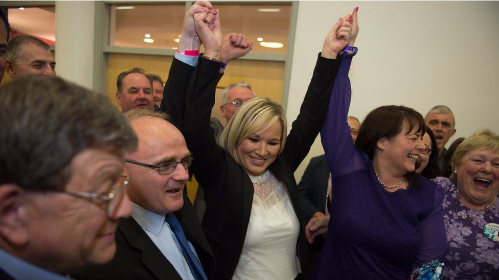 Sinn Féin's Michelle O'Neill celebrated the victories of Michelle Gildernew and Barry McElduff