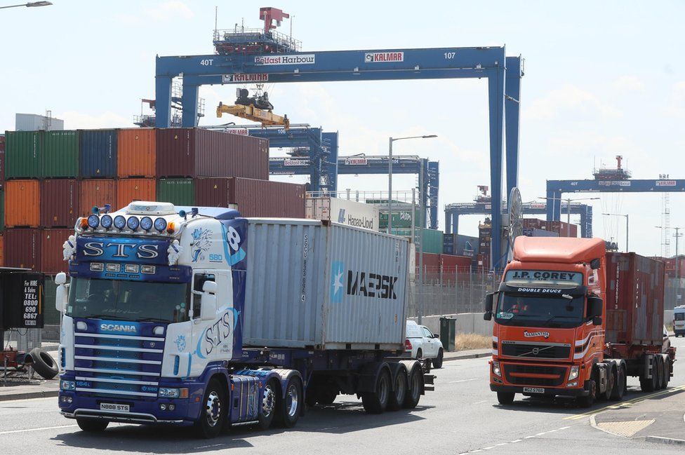 Lorries and shipping containers in Belfast Harbour