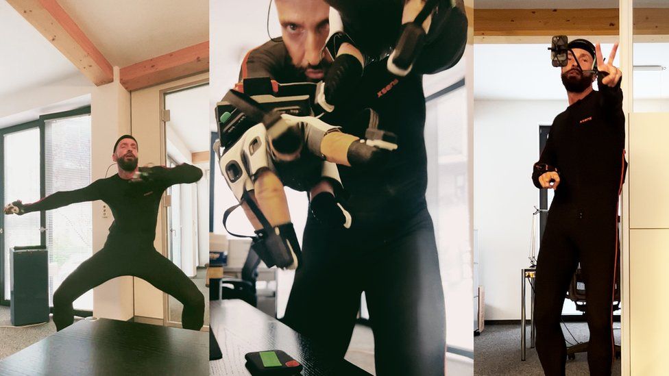 Three images of Joerg Zuber in motion capture suit