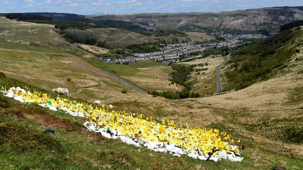 A tribute to those who have died from Covid on a mountain overlooking the Rhondda valley