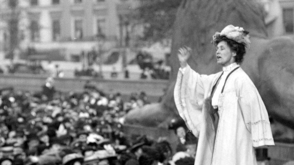 Suffragette Emmeline Pankhurst addressing a meeting in London's Trafalgar Square in 1908