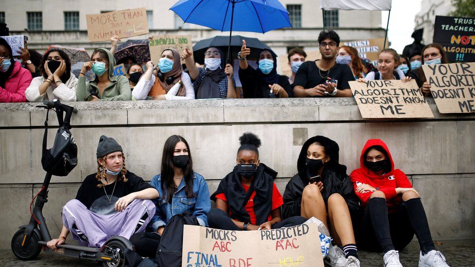 A-level students protest opposite Downing Street, amid the outbreak of the coronavirus disease