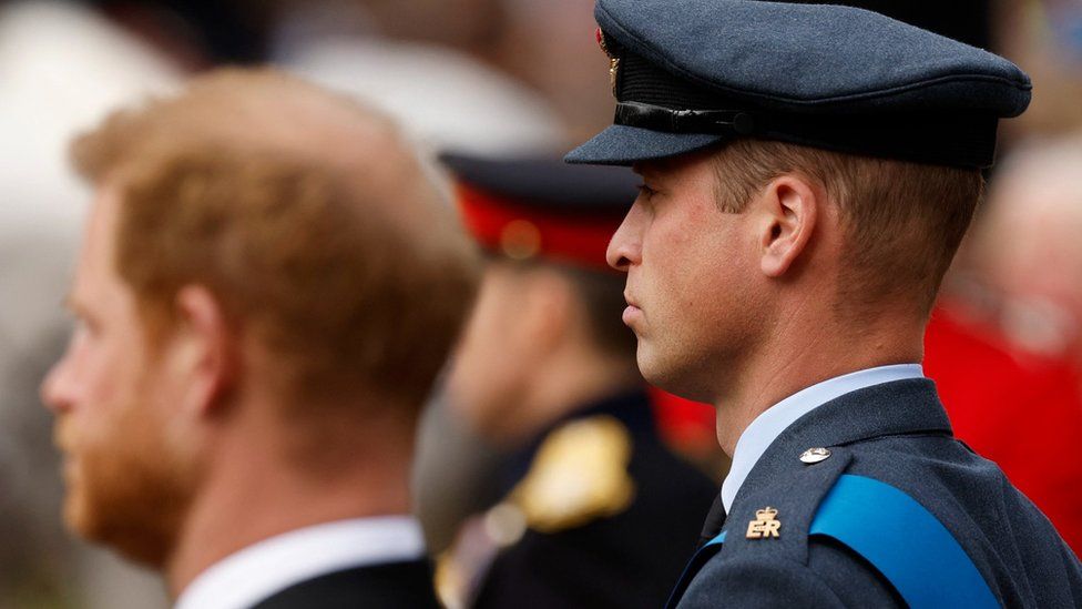 Британский принц Уэльский Уильям и британский принц Гарри, герцог Сассекский, стоят во время марша похоронной процессии по торговому центру в день государственных похорон и захоронения британской королевы Елизаветы в Лондоне, Великобритания, 19 сентября.