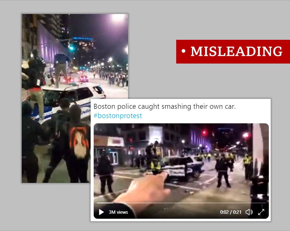 Two screenshots from a video of a damaged police car during protests in Boston. One showing protesters jumping on the bonnet, the other surrounded by police officers. Labelled "misleading"