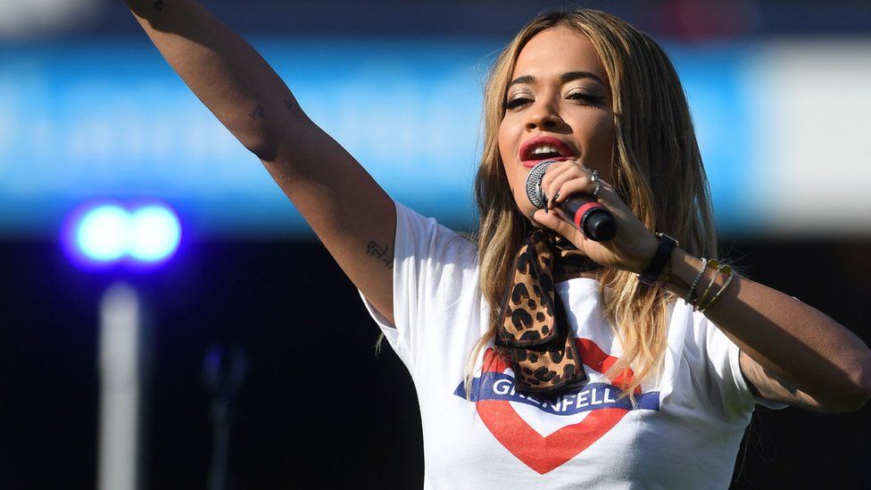 Singer Rita Ora performing at the Green4Grenfell charity football match