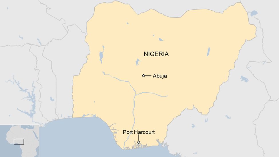 A map of Nigeria showing the southern city of Port Harcourt and the capital, Abuja.