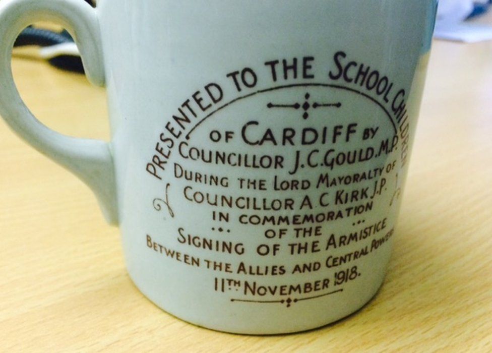 Schoolchildren across Cardiff were given cups like this in 1918. Presented by Councillor J.C.Gould MP in commemoration of the signing of the Armistice on 11th November 1918.
