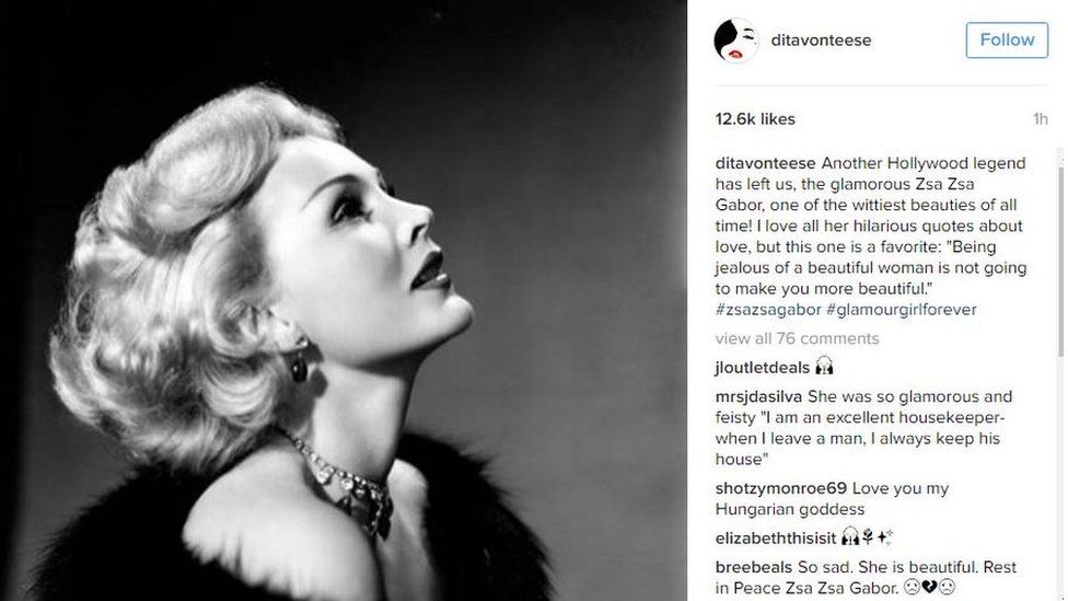 An Instagram post by Dita Von Teese about the death of Zsa Zsa Gabor