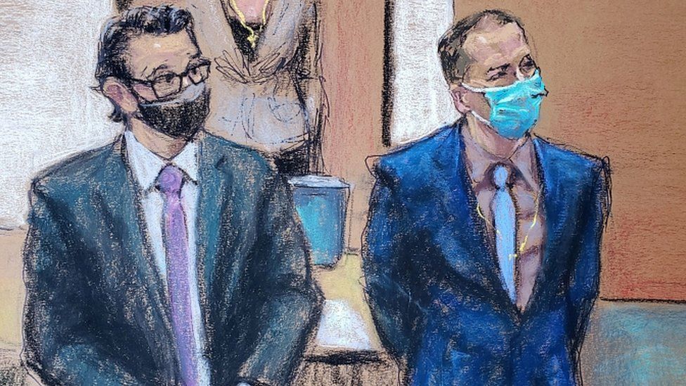 Derek Chauvin and his defence attorney Eric Nelson in Minneapolis, Minnesota, April 13, 2021 in this courtroom sketch