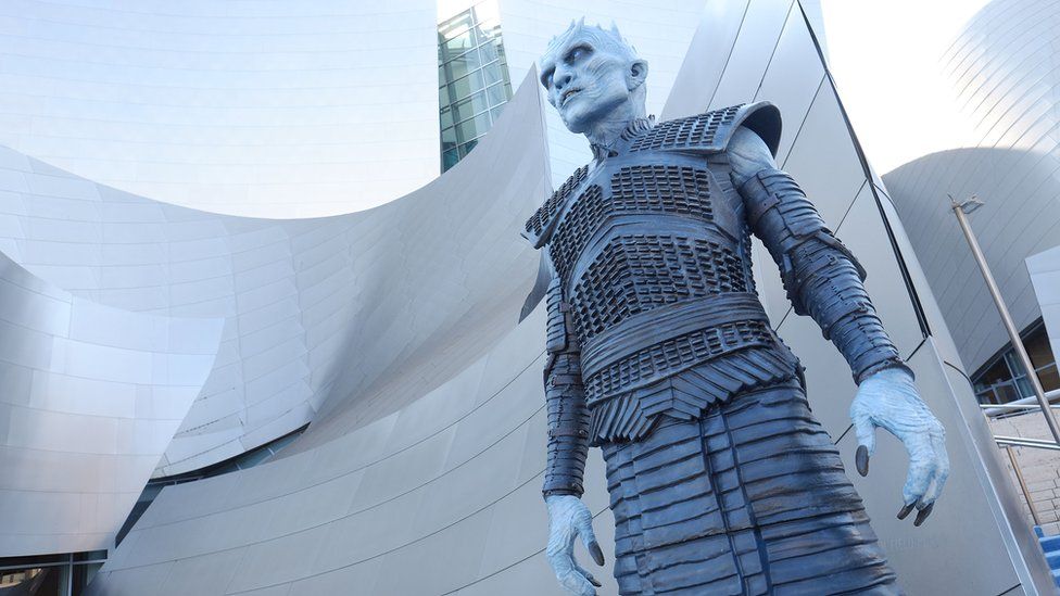 A statue of a white walker stands outside the Walt Disney Concert Hall in Las Vegas