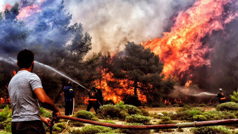 Firefighters and volunteers try to extinguish a wildfire raging in Verori, near Loutraki city, Peloponnese, southern Greece, 24 July 2018
