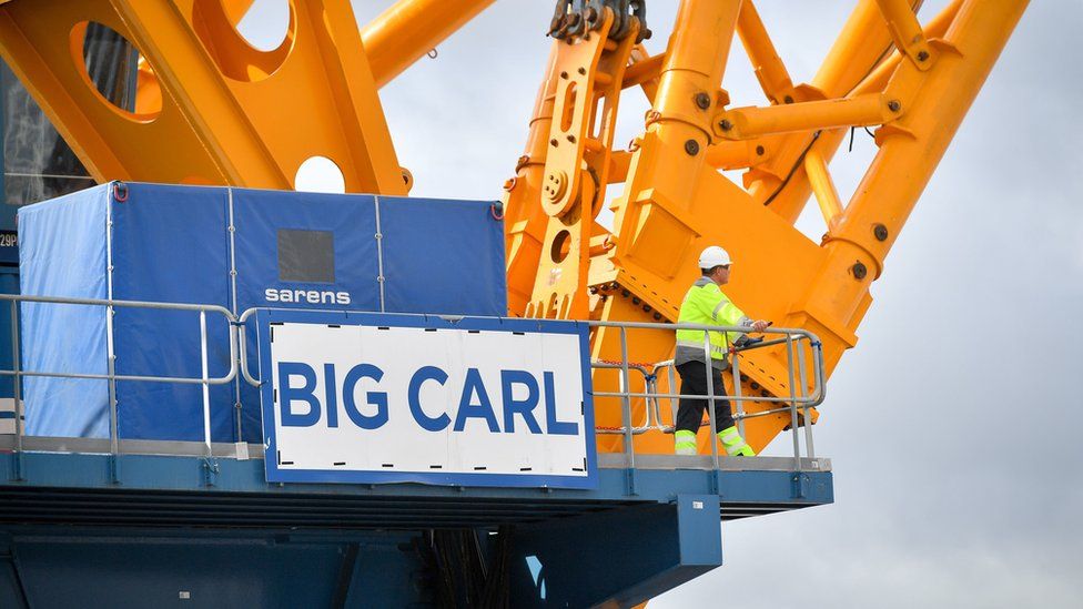 The sign of "Big Carl", the world"s largest crane