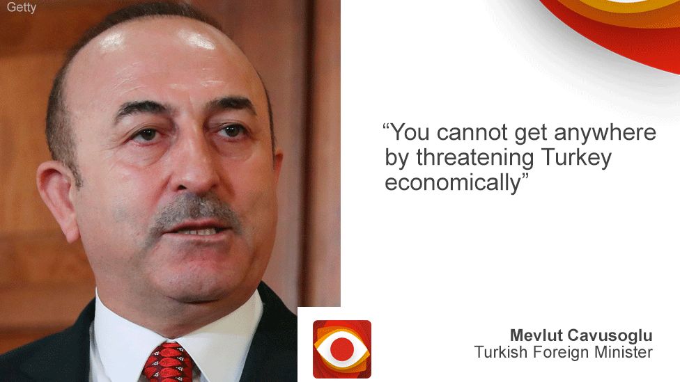 Turkish foreign minister on left, quote "You cannot get anywhere by threatening Turkey economically"