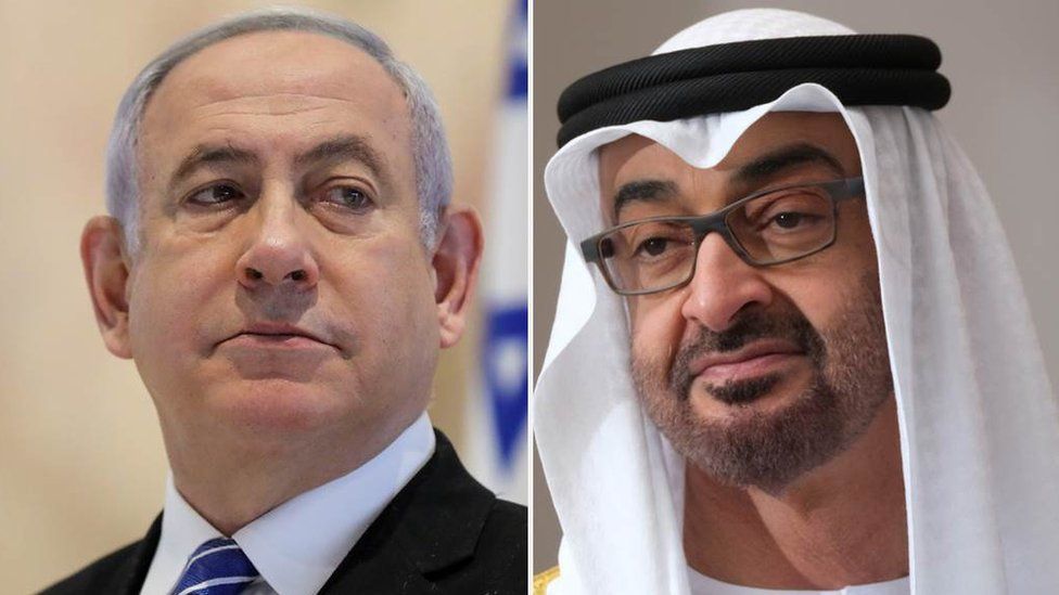 Composite image of Benjamin Netanyahu and Abu Dhabi Crown Prince Mohammed bin Zayed Al Nahyan