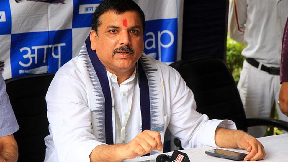 Rajya Sabha MP and Aam Aadmi Party Rajasthan In-charge Sanjay Singh address the media person during the press conference in Jaipur, Rajasthan, India on July 15, 2020
