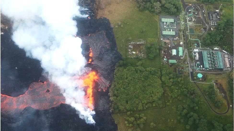 Aerial view of lava fissure near power plant