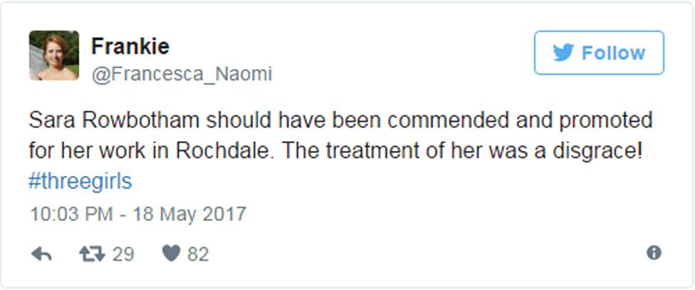 Tweet: "Sara Rowbotham should have been commended and promoted for her work in Rochdale. The treatment of her was a disgrace! #threegirls"