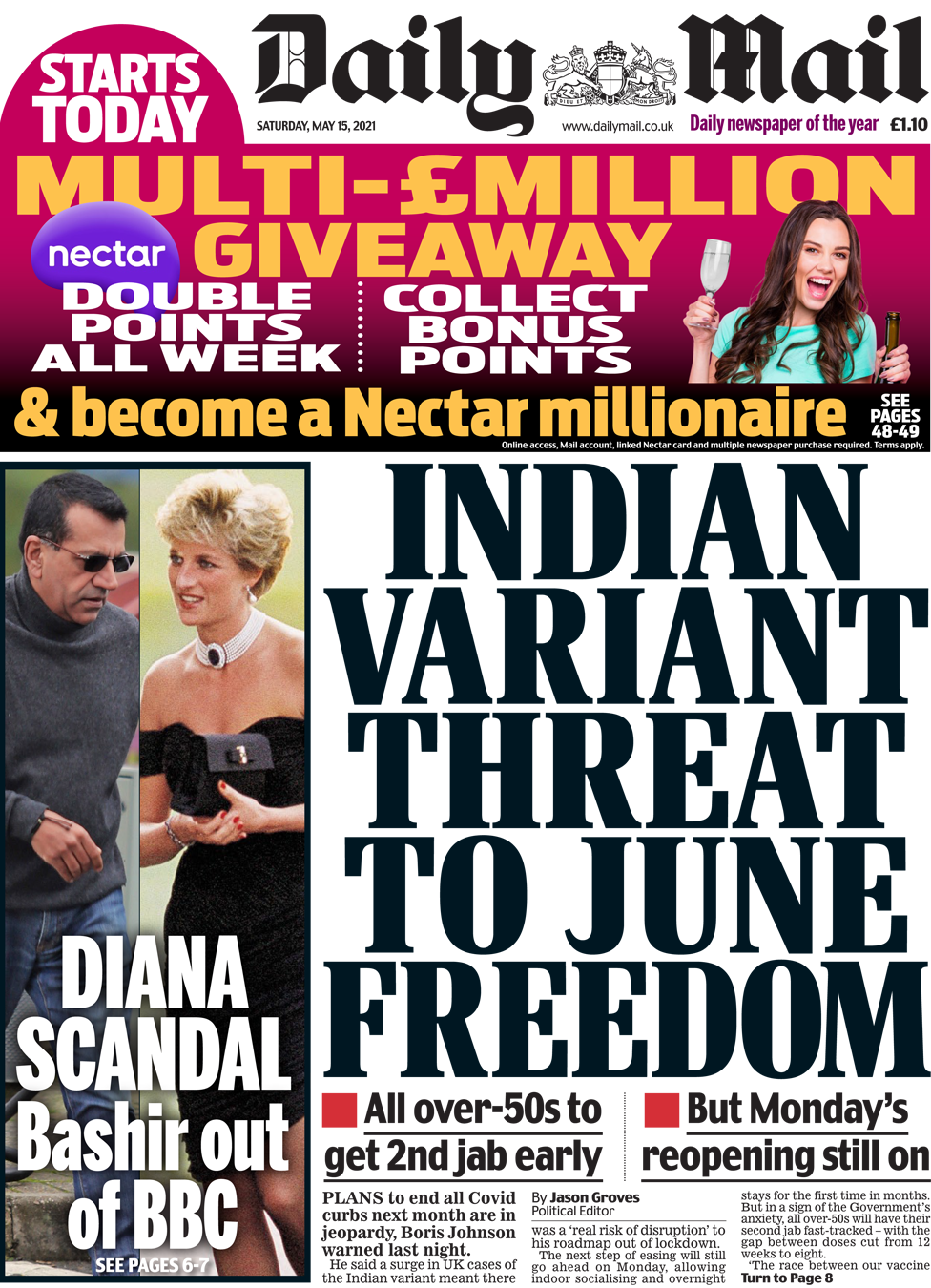 The Daily Mail front page 15 May 2021