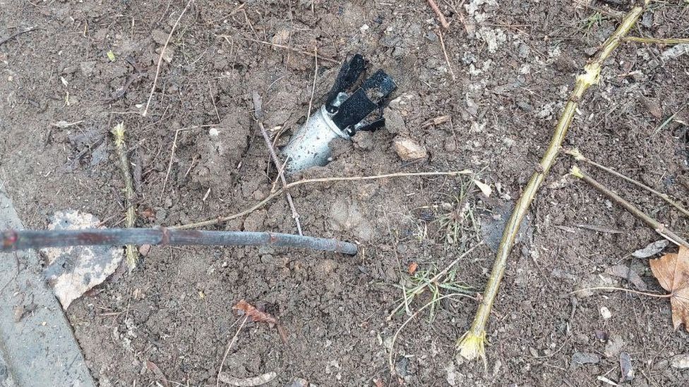 An apparent cluster bomb sub-munition that fell on Kharkiv