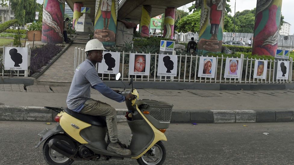 Portraits of some of the Chibok schoolgirls abducted by Boko Haram five years ago on displayed at Falomo roundabout in Lagos, Nigeria