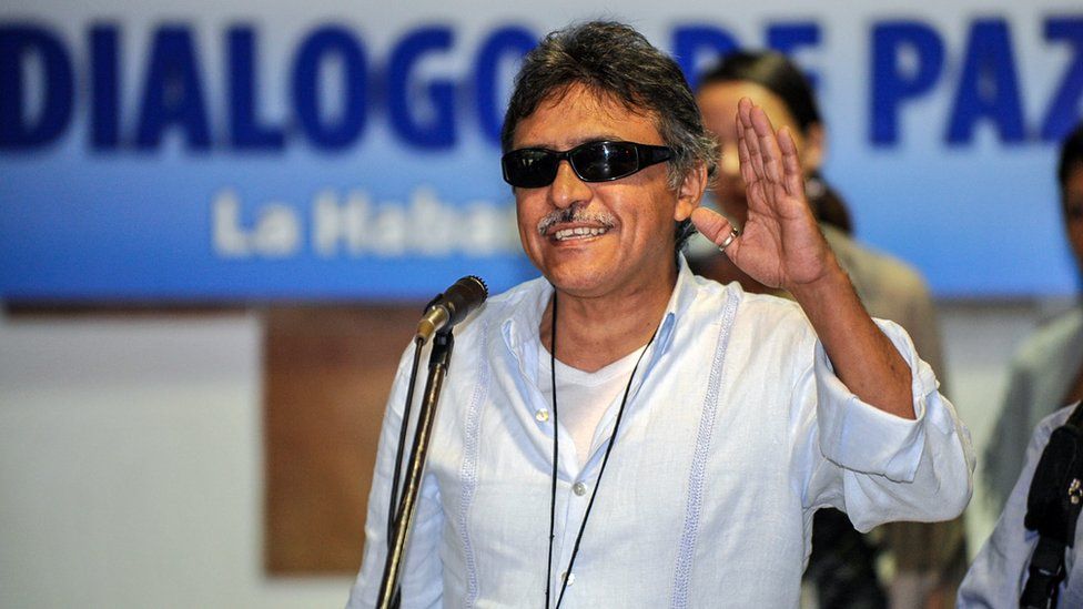 Jesus Santrich reads a statement at the Convention Palace in Havana during peace talks with the Colombian government, on December 19, 2012.