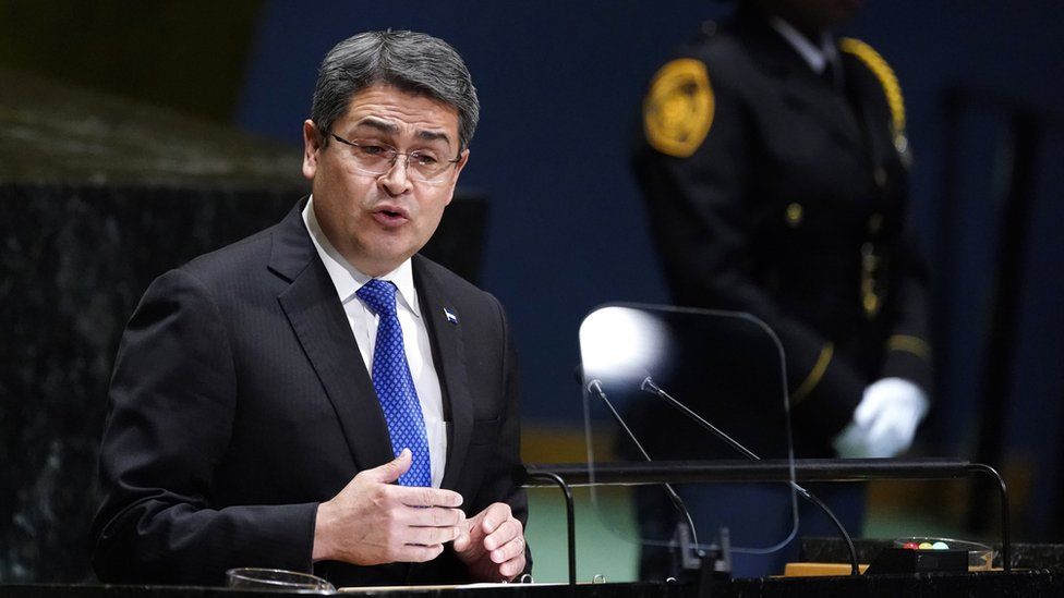 Honduras' President Juan Orlando Hernández addresses the United Nations General Assembly in New York on 25 September