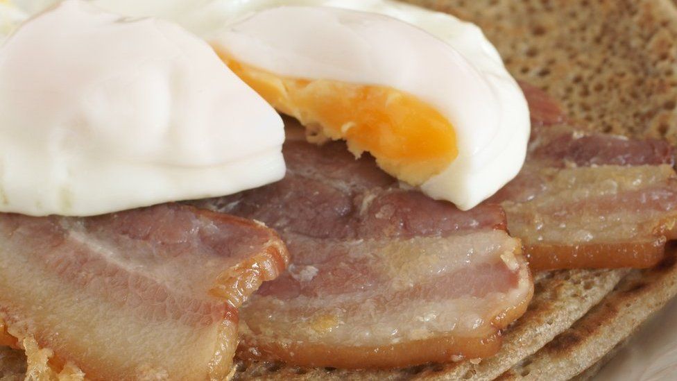 Staffordshire oatcakes topped with bacon and egg